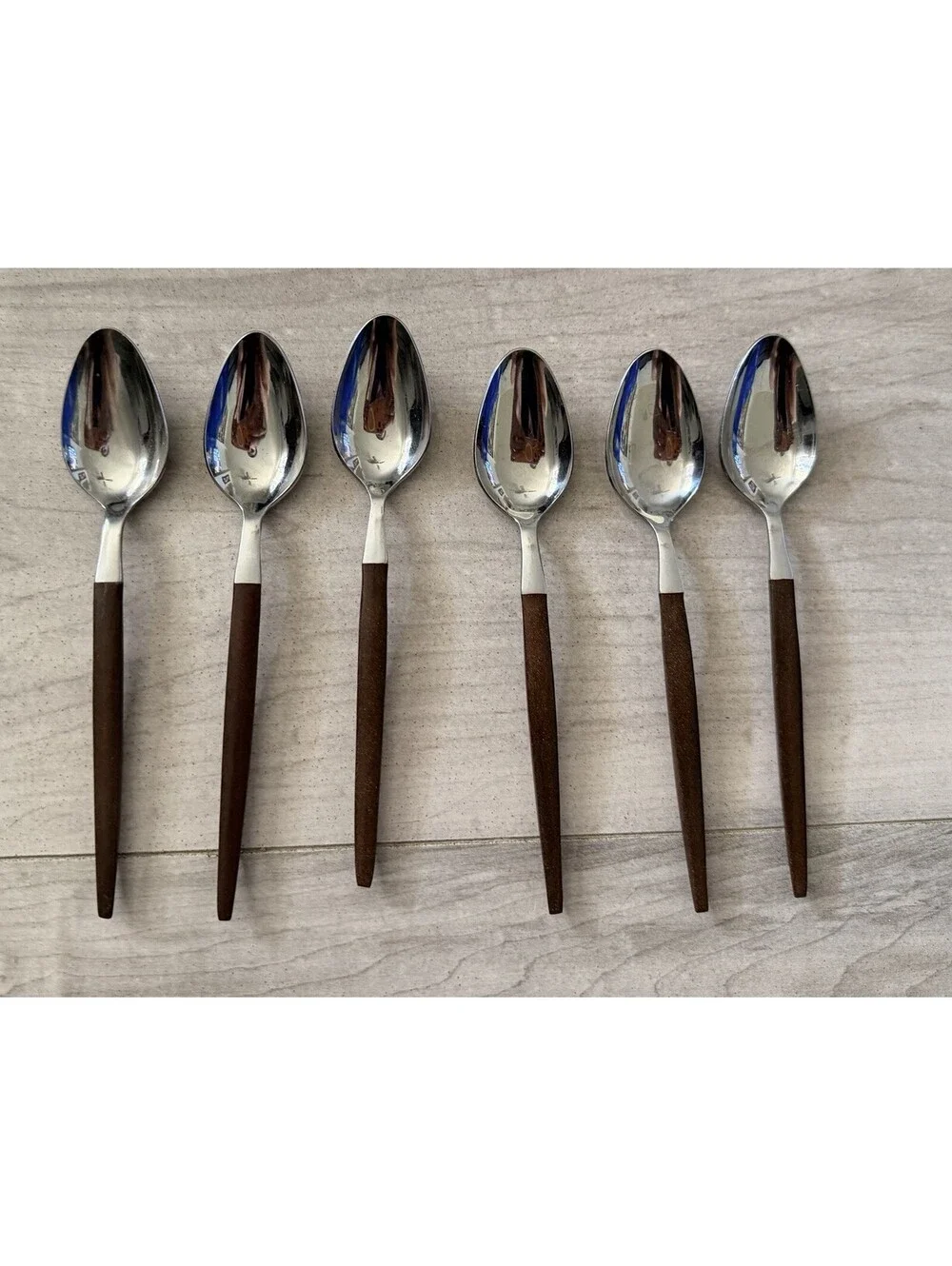 6 Spoons Ekco Eterna Stainless Silverware Brown Handle Composite Flatware MCM